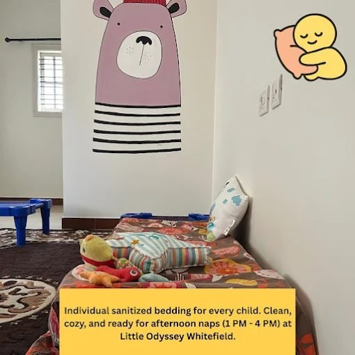 Individually sanitized bedding set up for a child's afternoon nap at Little Odyssey, Whitefield